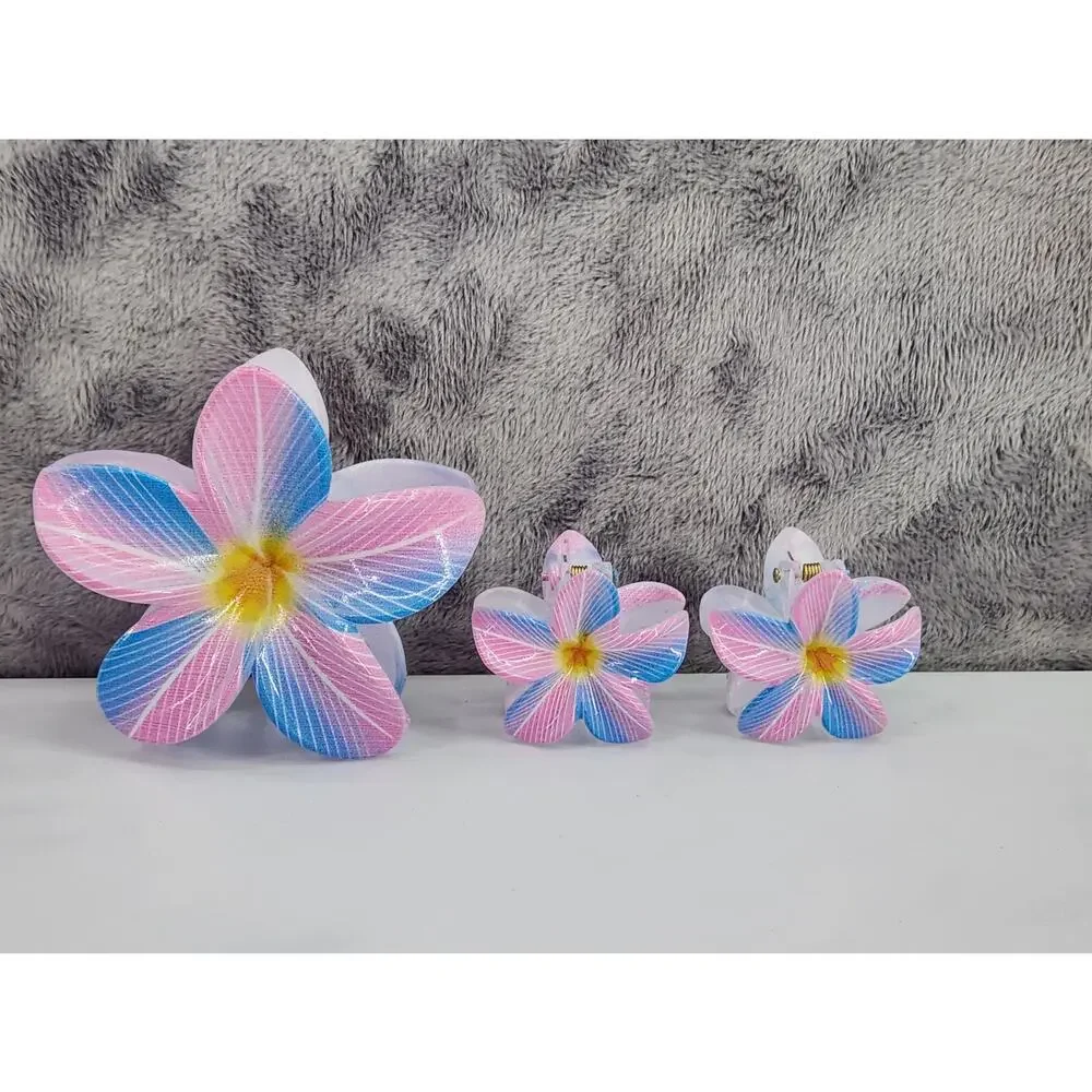 3 pc Hawaiian Flower Claw Clip Set - Hair Accessories Light Blue & Pink Plumeria